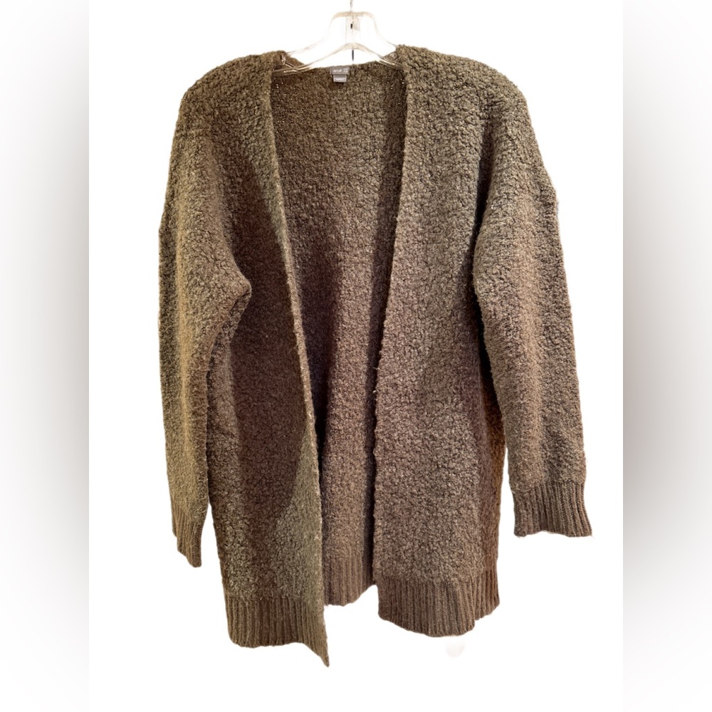 Aerie Boucle Knit Open-Front Cardigan XS Taupe/Olive Cozy Ribbed Hem